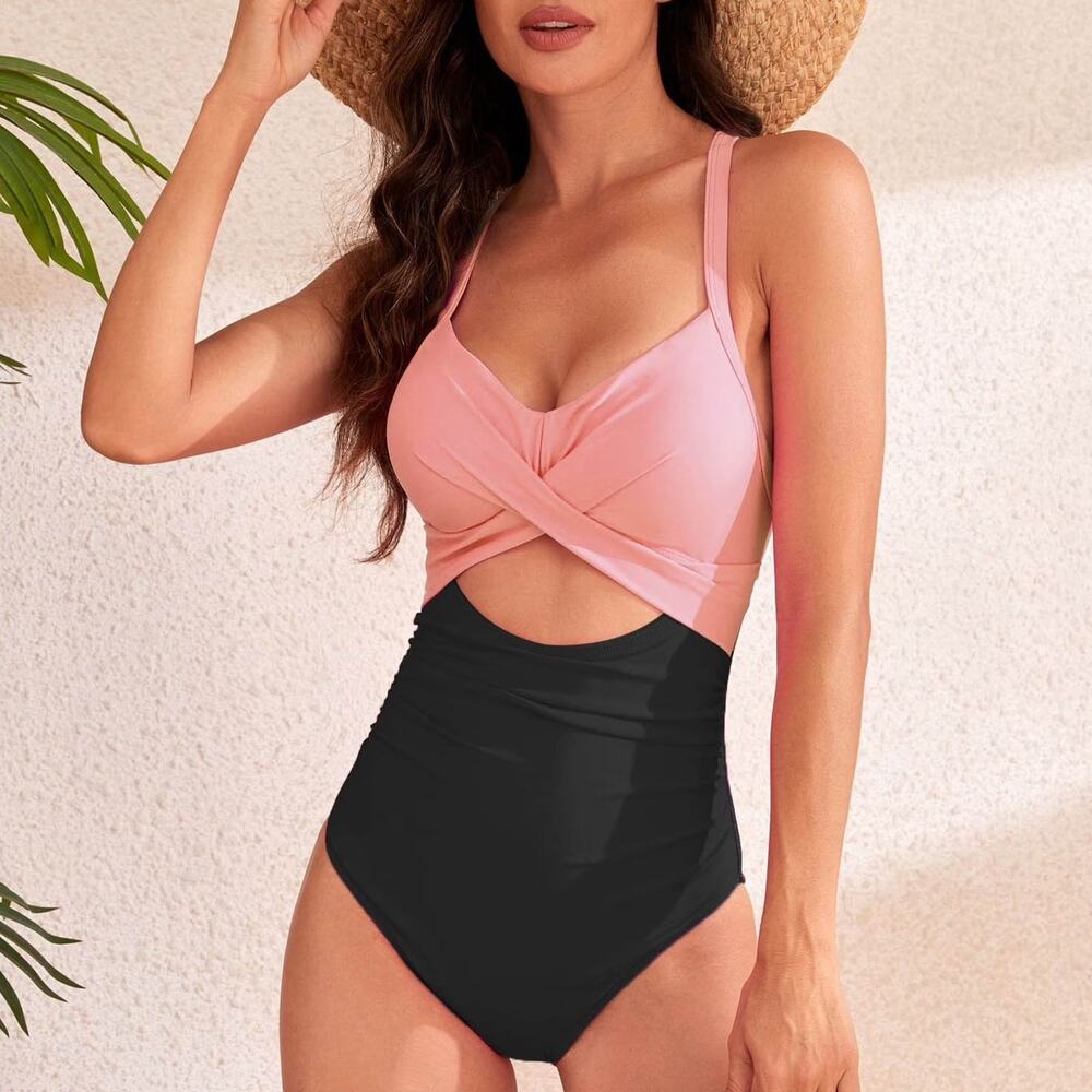 Pink Black Cutout Monokini Tummy Control One Piece Swimsuit Size L